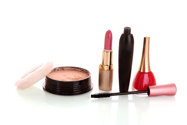 Face powder, mascara, lipstick and nail polish on white backgrou — Stock Photo, Image