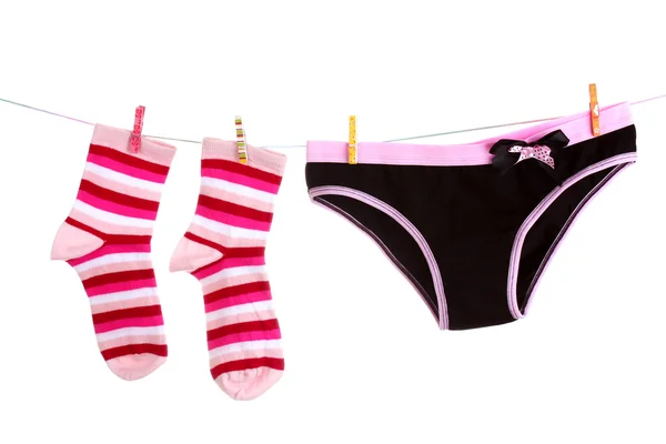 Woman's panties hanging on white background — Stock Photo, Image