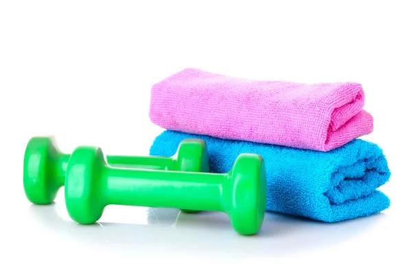 Dumbbells and towels — Stock Photo, Image
