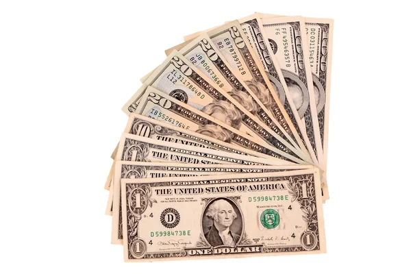 Dolar faturaları üzerinde beyaz izole — Stok fotoğraf