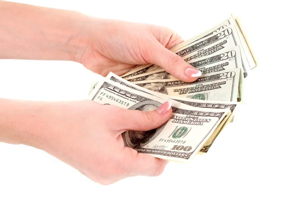 Американские доллары в руке на белом фоне — стоковое фото