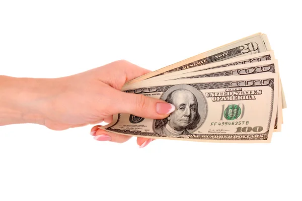 Dólares americanos em uma mão em um fundo branco — Fotografia de Stock