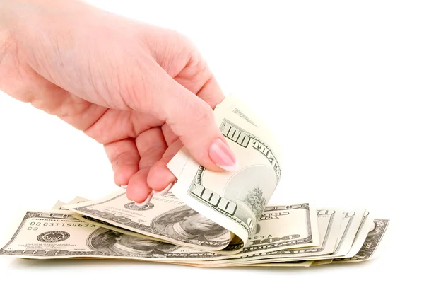 Dólares americanos em uma mão em um fundo branco — Fotografia de Stock