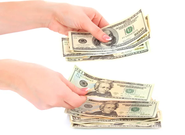 Amerikanische Dollars in einer Hand auf weißem Hintergrund — Stockfoto
