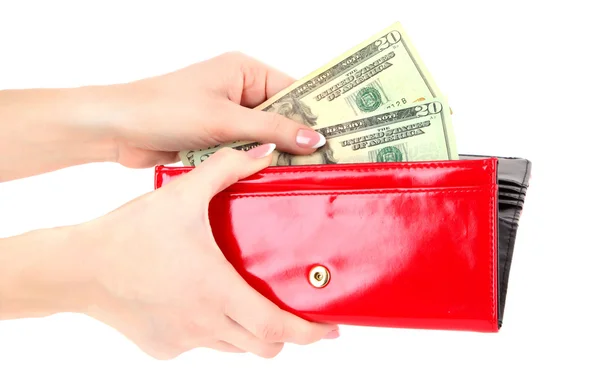Rode portemonnee met dollars in de handen op een witte achtergrond — Stockfoto