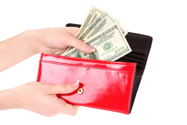 Rode portemonnee met dollars in de handen op een witte achtergrond — Stockfoto
