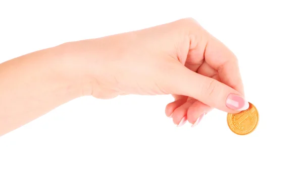 Hand och fallande mynt isolerad på vit bakgrund — Stockfoto