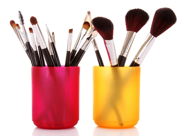 Cosmetic brushes in cup white — Stock Photo, Image