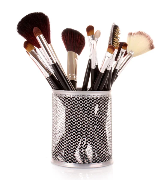 Cosmetic brushes in cup white — Stock Photo, Image
