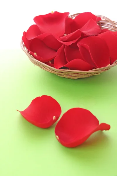 Basket with red roses petals on green — Stock Photo, Image