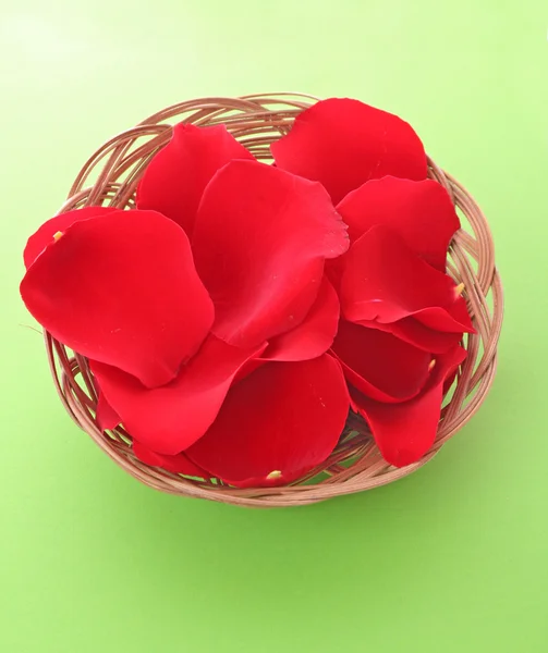 Корзина с лепестками красных роз на зеленом — стоковое фото