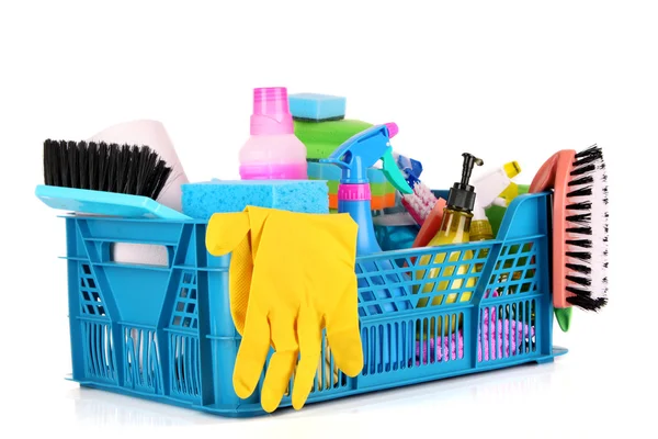 Cleaning supplies in basket on white background — Stock Photo, Image