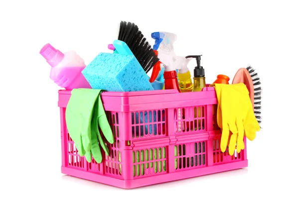 Cleaning supplies in basket on white background — Stock Photo, Image