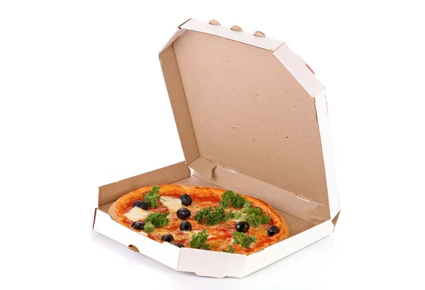 Whole pepperoni with olives pizza in box over white background Royalty Free Stock Photos