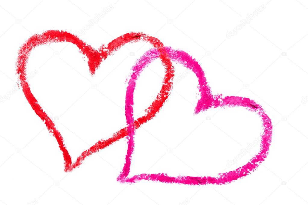 Two hearts drawn with lipstick on a white background