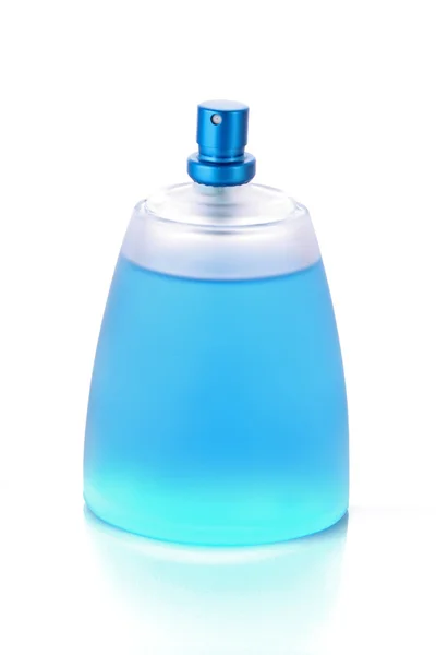 stock image Blue perfume bottle white background