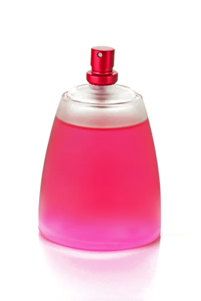 Pembe parfüm şişe beyaz arka plan — Stok fotoğraf