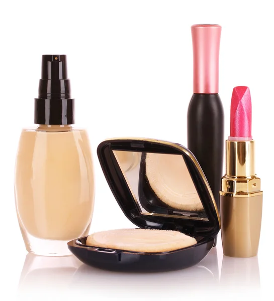 Foundation, mascara, lipstick and powder isolated on white — Stock Photo, Image