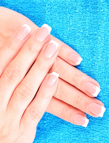 Mooie vrouw handen met Frans manicure op blauwe achtergrond — Stockfoto