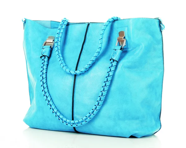 青い女性のバッグに孤立した白い背景 — ストック写真