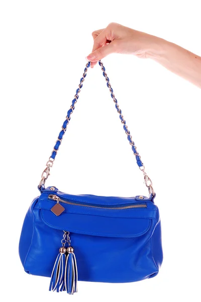 青い女性のバッグに孤立した白い背景 — ストック写真