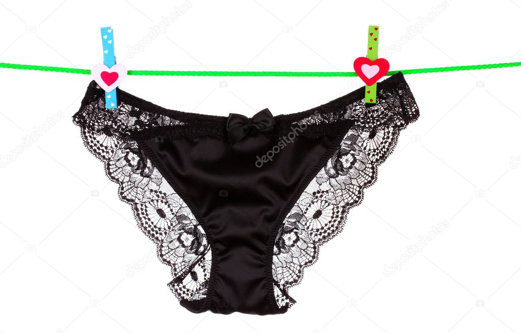 Woman's panties hanging on white background