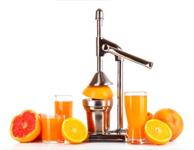 Juicer and oranges on white background clipart