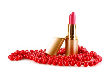 Red lipstick and beads on a white background clipart