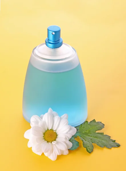 Butelka perfum i rumianku na żółtym tle — Zdjęcie stockowe