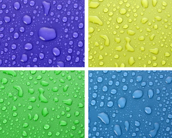 Чотири краплі води на фоні різних кольорів — стокове фото