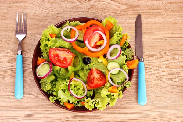 Salad of fresh vegetables in a plate and cutlery — Stock Photo, Image