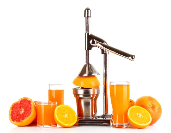 Juicer and oranges on white background — Stock Photo, Image