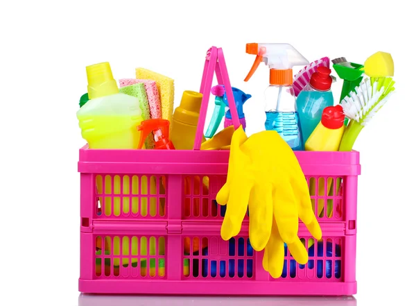 Caja llena de artículos de limpieza y guantes —  Fotos de Stock