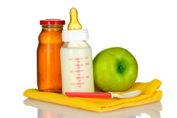 Baby food, bottle and fruit — Stock Photo, Image
