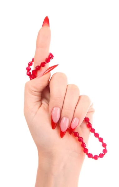 Unghie con smalto rosso e un fiocco al dito — Foto Stock