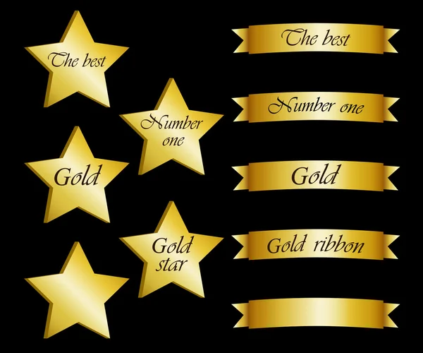 Collection of gold stars and ribbons with inscript — Stock Vector