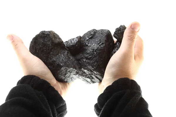 Κομμάτια του άνθρακα στο χέρι απομονωθεί — Φωτογραφία Αρχείου