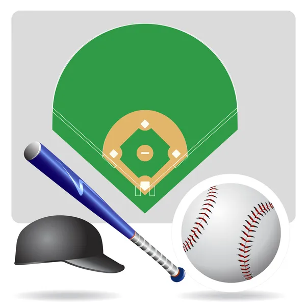 Terrain de baseball, balle et accessoires — Image vectorielle