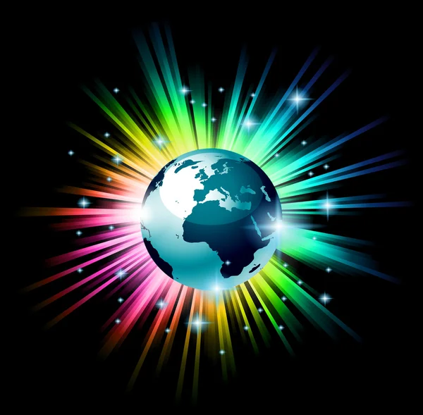 Globo Ilustración 3D con una explosión de luz del arco iris — Vector de stock