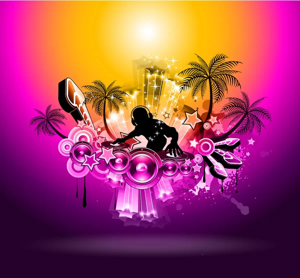 Tropikal günbatımı müzik parti disko el ilanı — Stok Vektör
