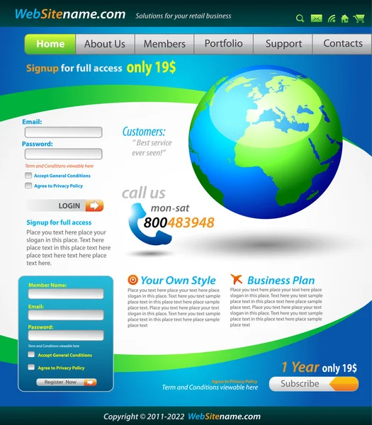 Plantilla de sitio web de soluciones comerciales con ilustración precisa de Globe — Vector de stock