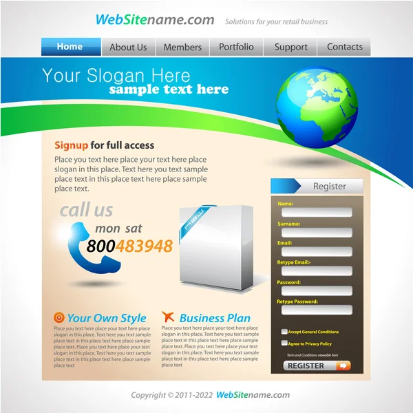 Business Solutions Modello di sito web con accurata illustrazione Globe — Vettoriale Stock