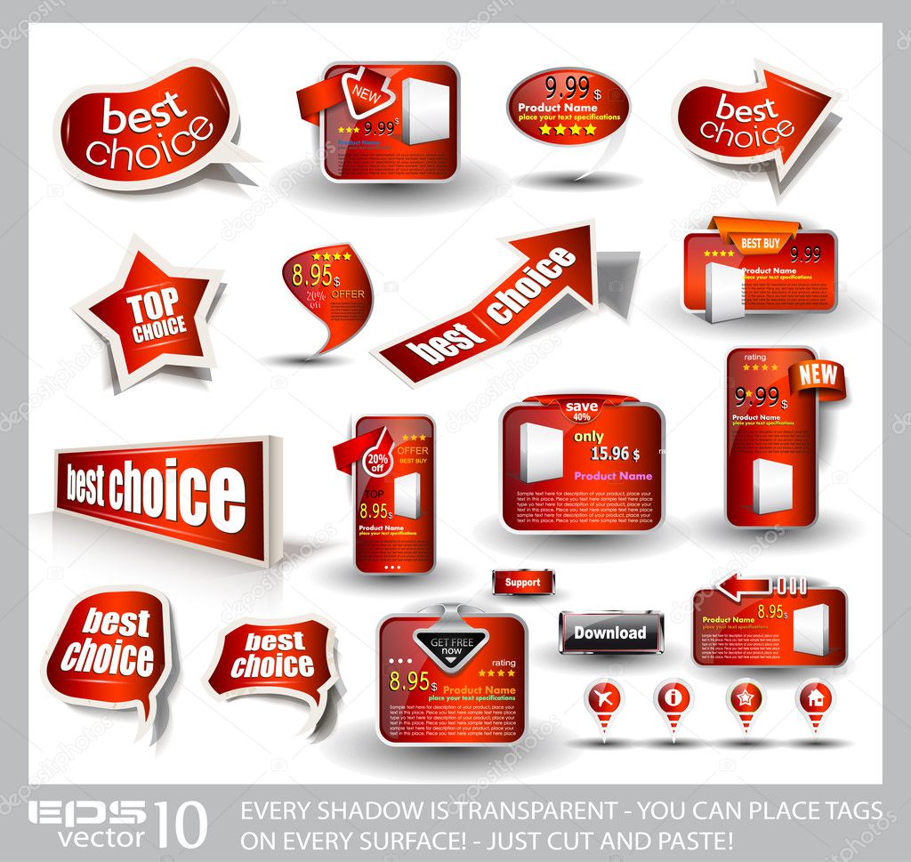 Big set of red sale and advertisement labels