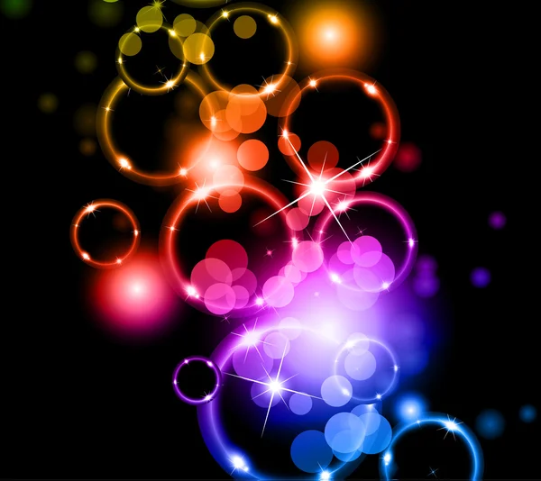Círculos resplandecientes de luz con fondo de colores Raibow — Vector de stock