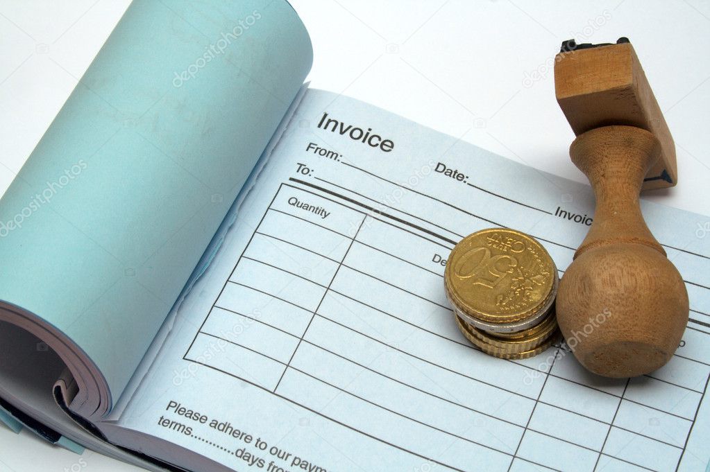 Invoice book, coins and stamp
