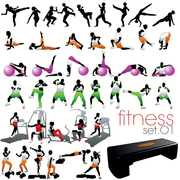 Ensemble de 40 silhouettes fitness — Image vectorielle