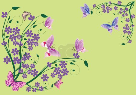 fleurs et papillons lilas sur vert 