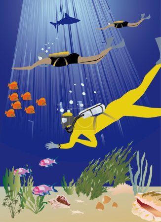 illustration de poissons et plongeurs 