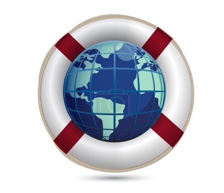 Globe et bague de bouée de sauvetage. Sauver le monde concept 
