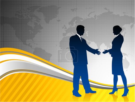 Silhouettes de l'équipe d'affaires sur fond de carte du monde 